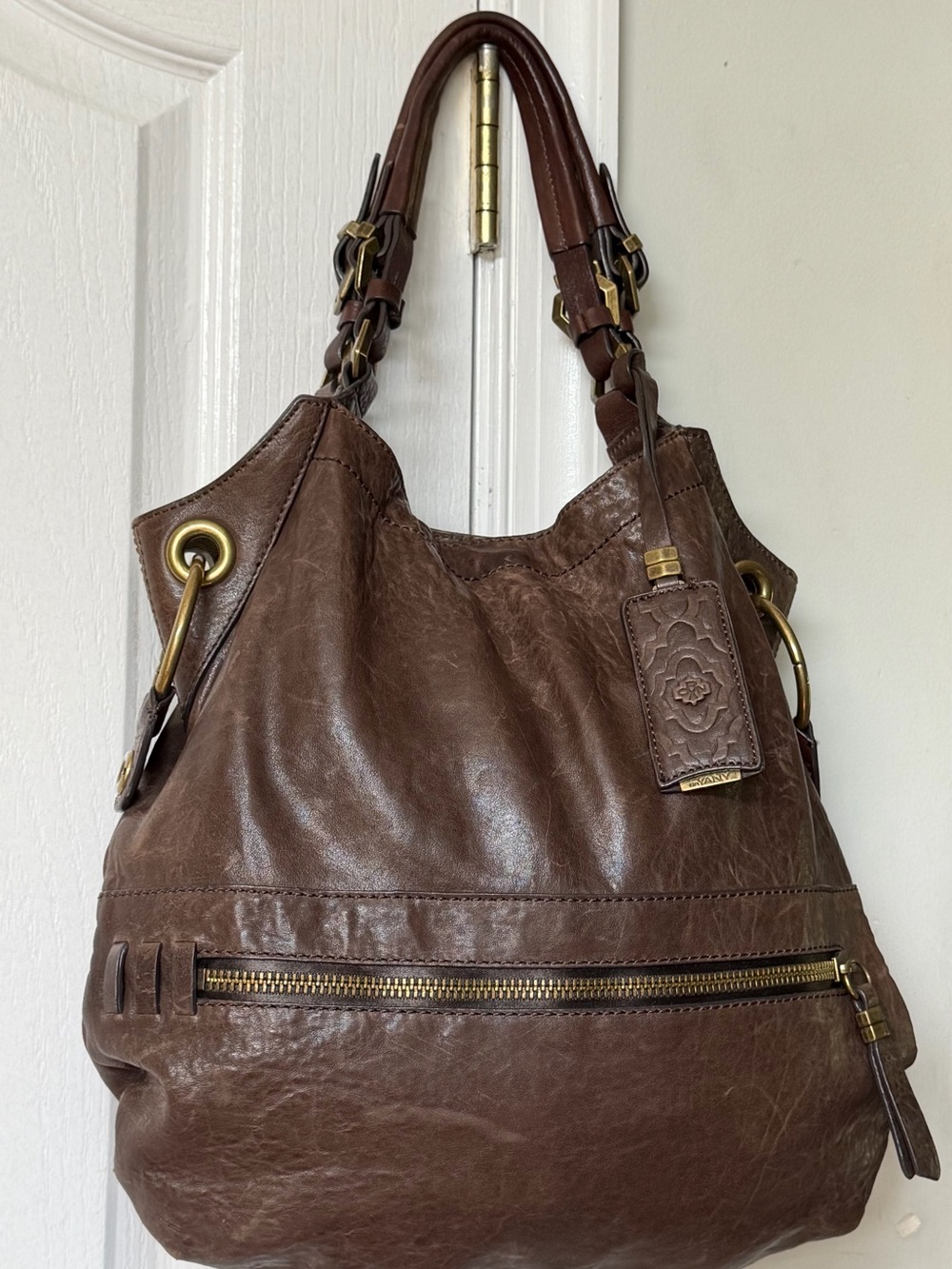 orYANY Brown Leather Shoulder Hobo Bag with Brass Hardware